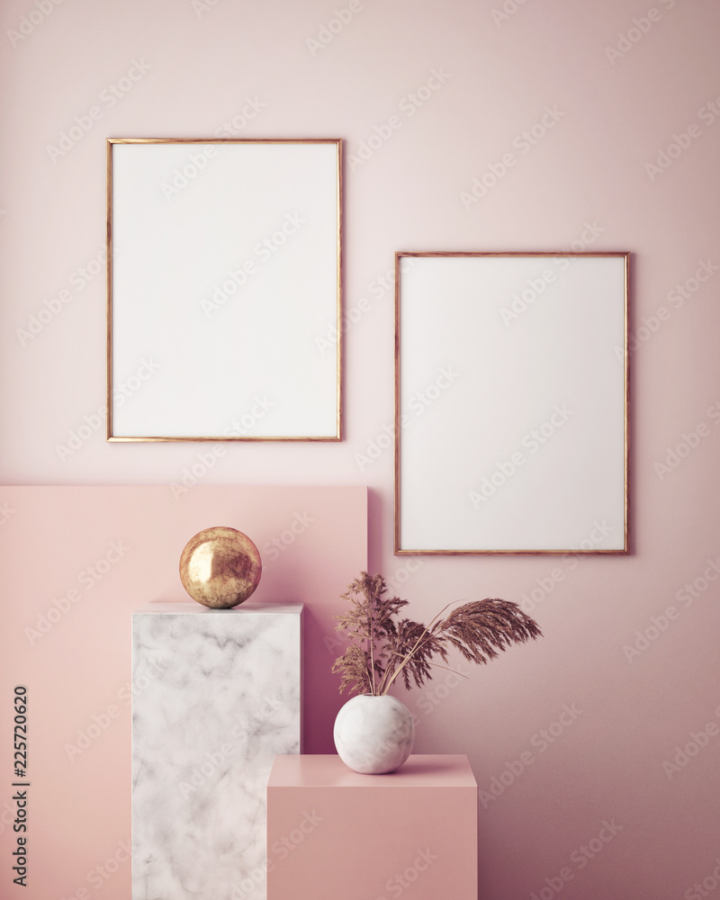 Fototapeta mock up poster frame in geometric interior background, pastel colors, 3D render, 3D illustration