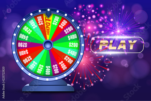 Vector fortune wheel, Online casino design concept. 3d object on abstract defocused circular blue bokeh background. Wheel of luck. Whill of fortune with play button.