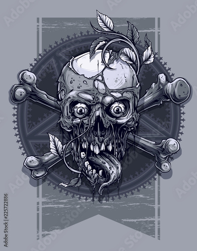 Graphic human skull with pentagram star