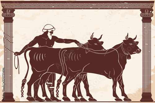 Hercules kidnaps cows herd of Gerion. 12 exploits of Hercules. Figure on a beige background with the aging effect.
