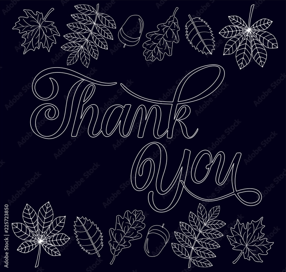 Hand sketched Thank you typography lettering poster. Celebration quote for postcard, icon, logo, badge. Autumn vector calligraphy text with falling leaves pattern on blue background. Hand sketched Thank you typography lettering poster. Celebration quote for postcard, icon, logo, badge. Autumn vector calligraphy text with falling leaves pattern on blue background.