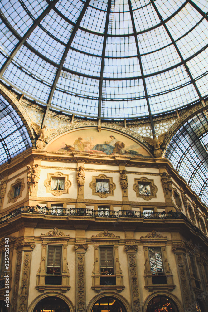 Gallery Vittorio Emanuele II, Milan, Italy.Gothic architecture. Steel and arches.