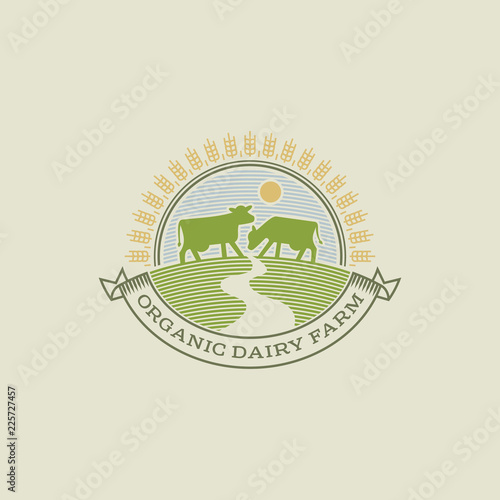 Vintage cow farm logo. Organic farm milk emblem. Dairy product engraving logo.