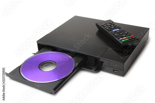 Konstfotografi Blue Ray player with disk and remote control on white background