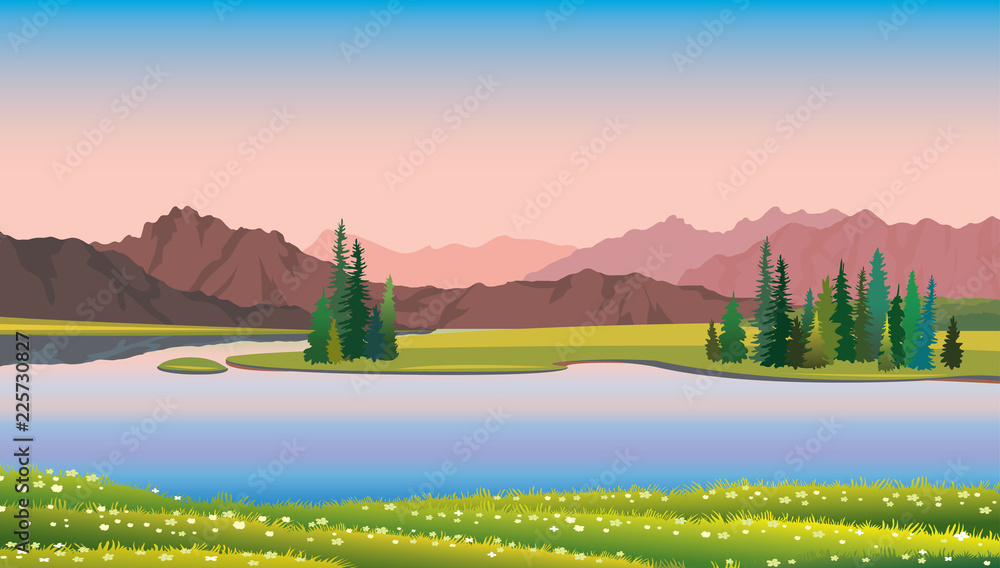 Summer landscape - lake, forest, mountain,flowers