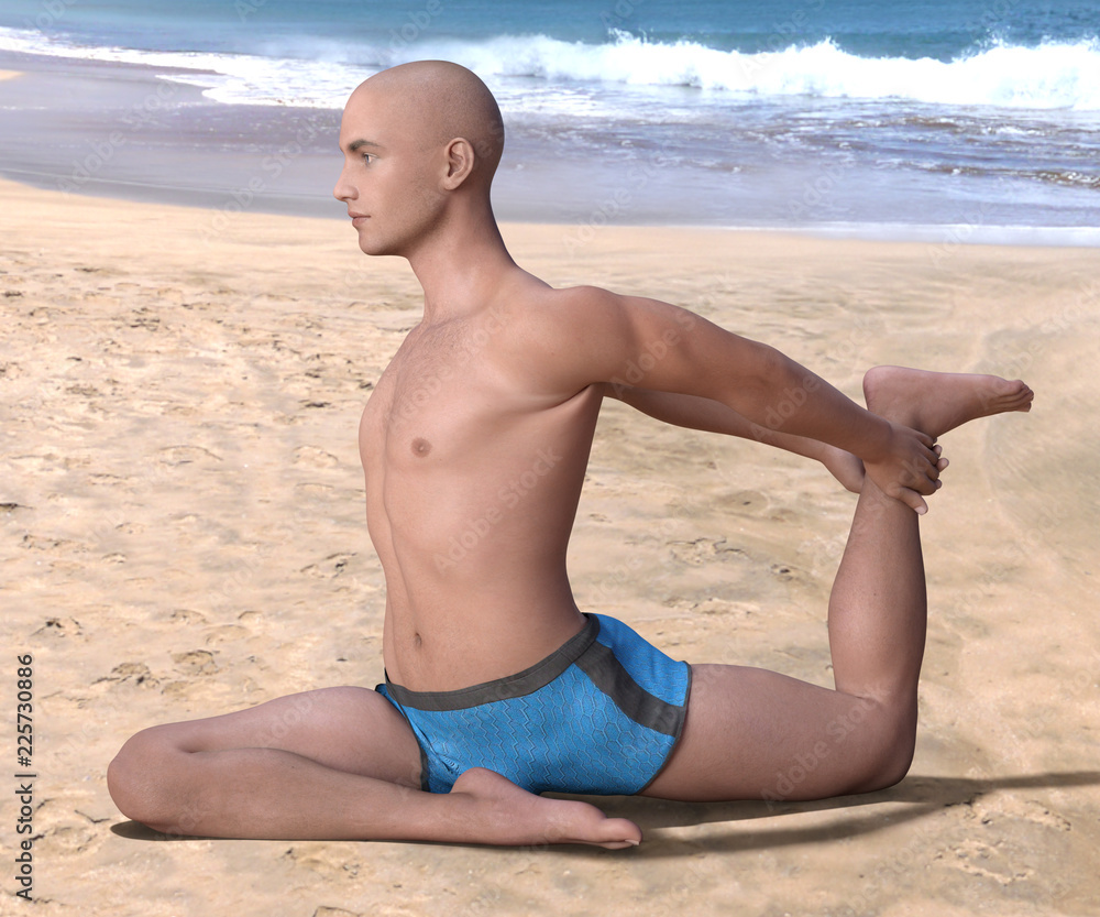 Bald man in blue briefs practising the pigeon, or eka hasta pada kapotasana yoga pose on a sandy beach, right leg forward. 3d render. Bald man in blue briefs practising the pigeon, or eka hasta pada kapotasana yoga pose on a sandy beach, right leg forward. 3d render.