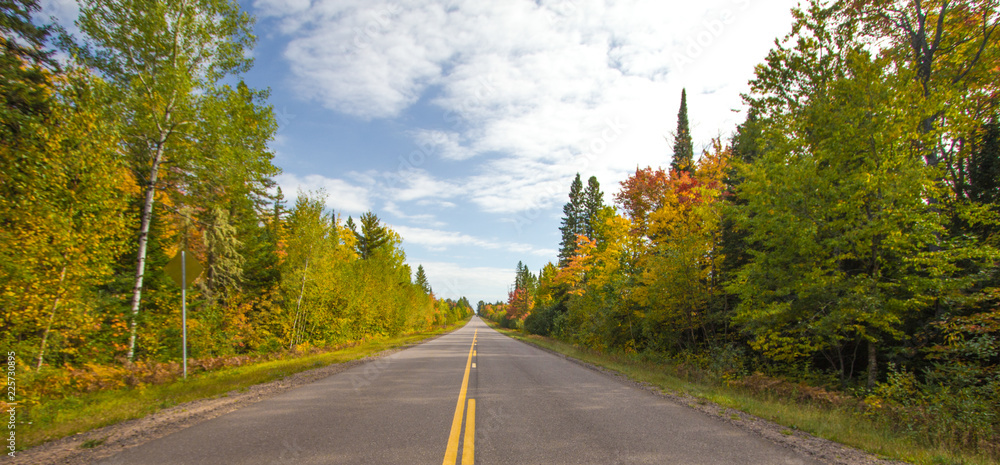 Fototapeta premium Scenic Fall Color Tour Panorama. Open road to the horizon framed in fall foliage in the Upper Peninsula of Michigan.