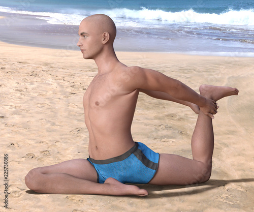 Bald man in blue briefs practising the pigeon, or eka hasta pada kapotasana yoga pose on a sandy beach, right leg forward. 3d render.