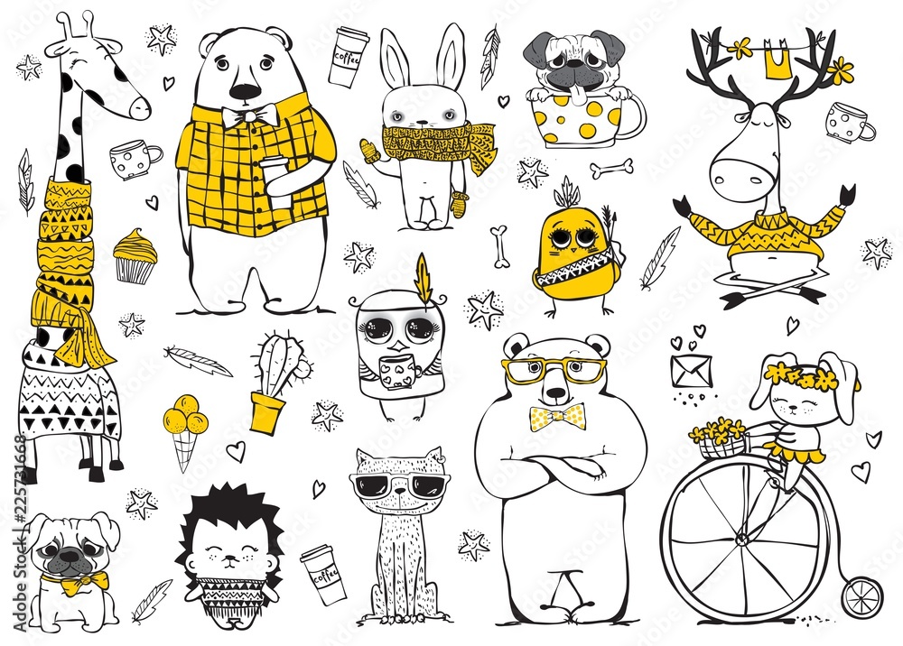 Vector set of cute doodle hipster giraffe, bears, deer, dog, cat, rabbits and tribal owl. Perfect for greeting card design, t-shirt print and kid's poster