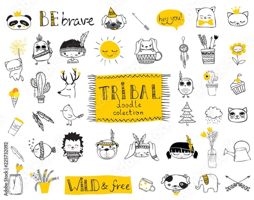 Vector set of cute isolated doodle tribal animals and other pictures for kid's interiors, cards, banners and posters.