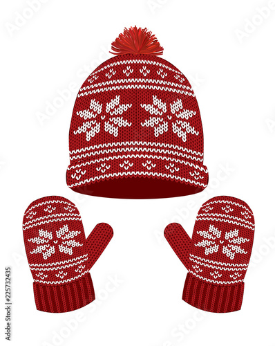 Red knitted winter hat and gloves