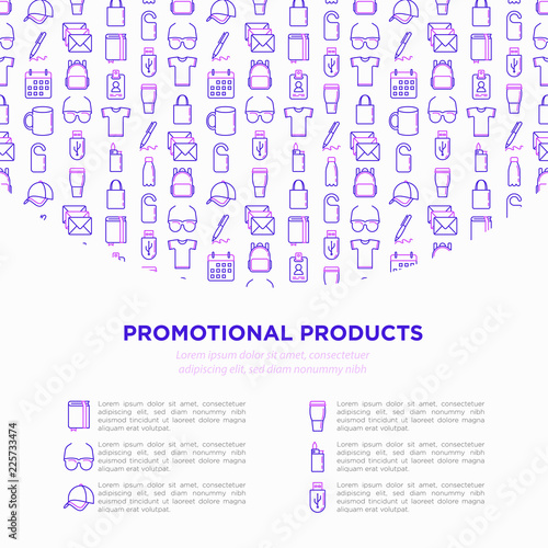 Promotional products concept with thin line icons: notebook, tote bag, sunglasses, t-shirt, water bottle, pen, backpack, cup, hat, travel mug, usb, lighter. Vector illustration, print media template.