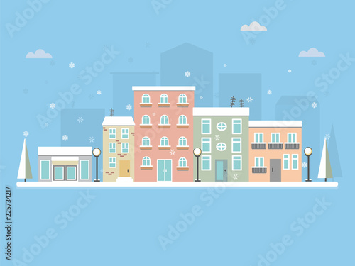Snow scene with houses. Flat street snow.
