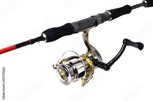 fishing reel on a fishing rod, white background close-up