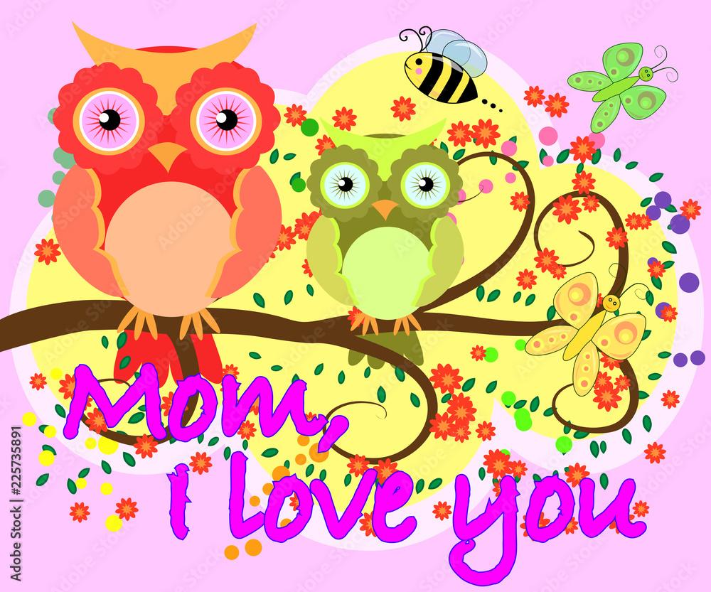 Fototapeta premium i love you mother day greeting card vector with owl graphic