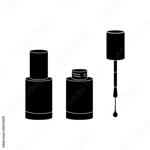 Vector illustration icon of nail polish  bottles (opened and closed) with big brush and drop of polish. Black silhouette
