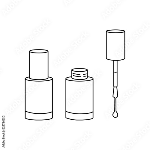 Vector illustration icon of nail polish  bottles (opened and closed) with big brush and drop of polish. Black line silhouette, white background