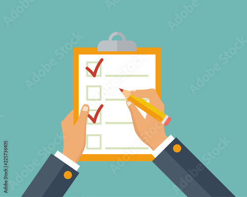 Questionnaire, survey, clipboard, task list. Filling out forms, planning. Attendance. Businessman holding checklist and pencil. .