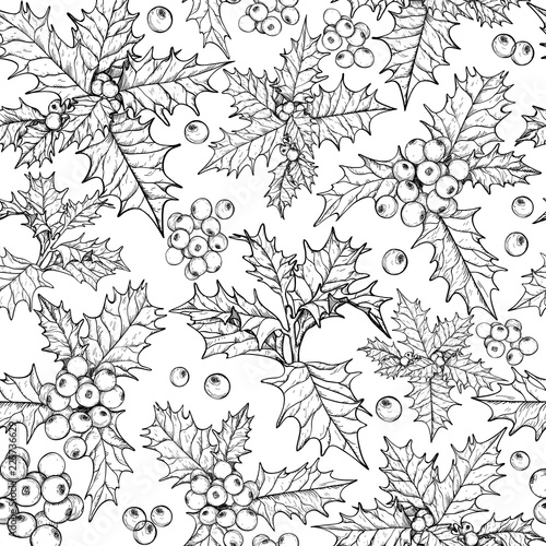 Seamless pattern with black and white christmas flowers and berries, black and white