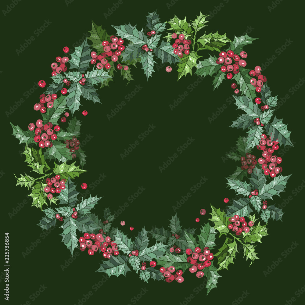 Christmas Wreath with berries on green background Christmas Wreath with berries on green background