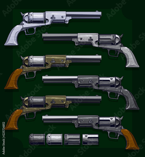 Graphic detailed old revolvers big vector set