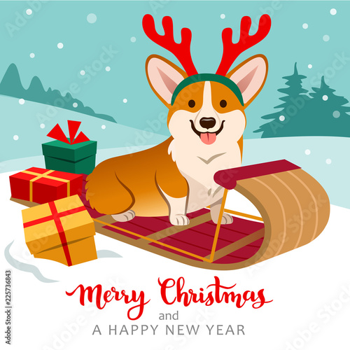 Cute welsh corgi dog sitting on sled wearing reindeer antlers with Christmas gifts around, winter hills with trees in background, snow falling. Christmas for pets, dog lovers theme cards, posters.