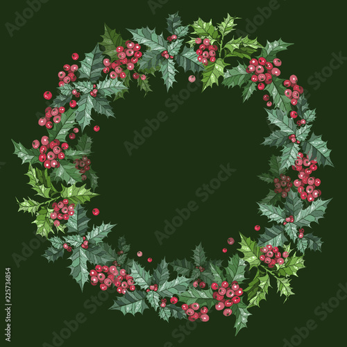 Christmas Wreath with berries on green background