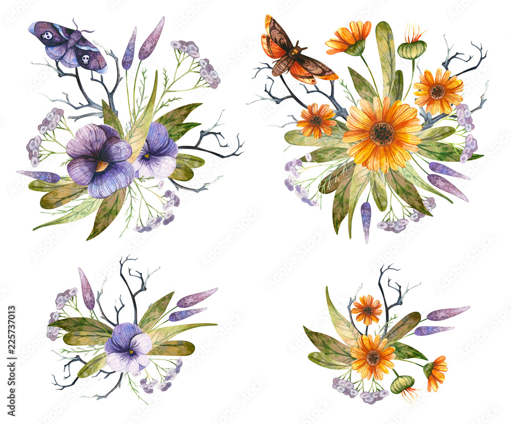 Watercolor floral Halloween compositions. Design for invitations and postcards