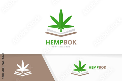 Vector marijuana leaf and open book logo combination. Hemp and bookstore symbol or icon. Unique cannabis and library logotype design template.
