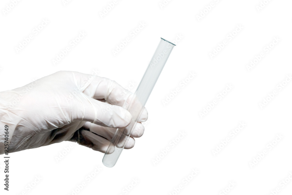 Close-up. Empty medical or laboratory test tube in the left male hand. White rubber glove. Isolated background. Close-up. Empty medical or laboratory test tube in the left male hand. White rubber glove. Isolated background.