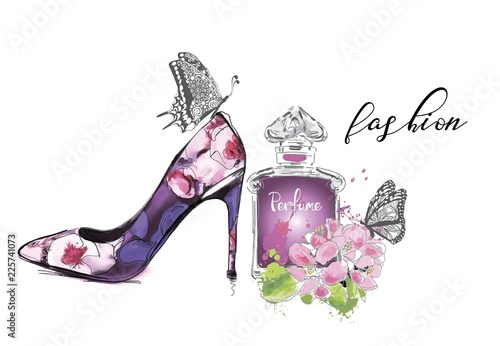 Beautiful card with high heel shoe, flowers and butterfly. Fashion illustration.