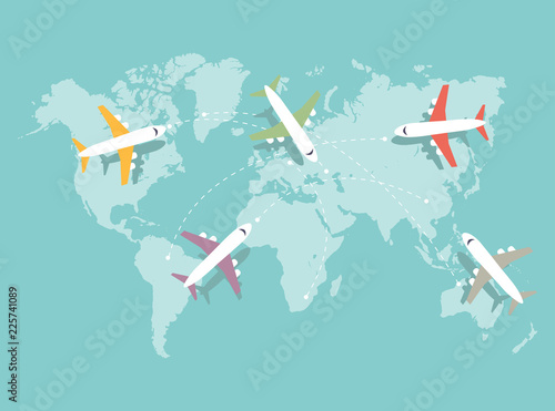 Set of colored airplanes flying over the blue world map
