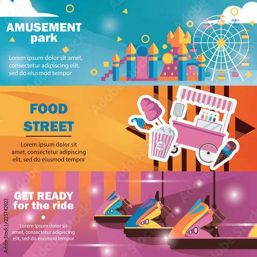 Horizontal banners for amusement park with carousels, food truck in bright colors