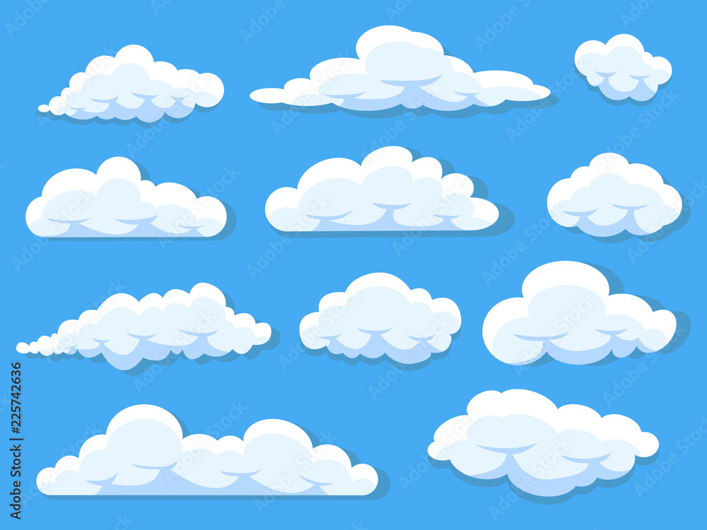 Fototapeta Zestaw różnych chmur kreskówek izolowanych na kolekcji wektorów panoramy błękitnego nieba