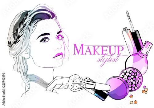 Vector hand drawn illustration of girl and a makeup brush. The concept of beauty labels, cosmetics, cosmetic procedures. Vector image