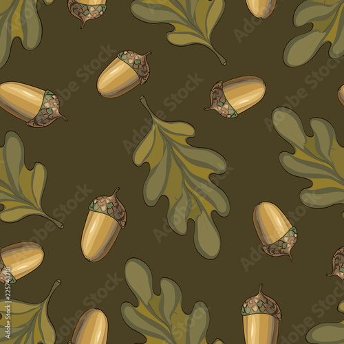 Seamless vector pattern with autumn leaves. Oak leaf and acorn drawing.