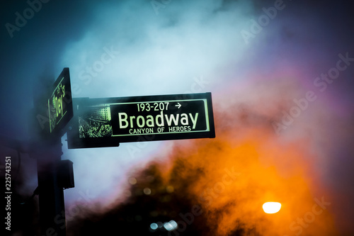 broadway, new york city, manhattan, street sign, canyon of heroes, neon light, smoke, background, night, city