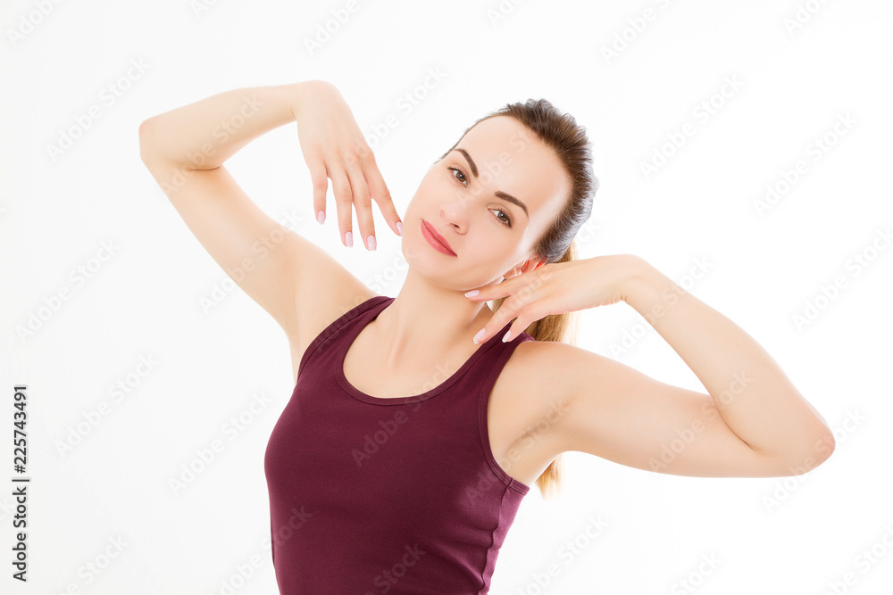 Skin care spa and armpit concept. Young caucasian woman macro face isolated on white background. Copy space. Anti aging and makeup Skin care spa and armpit concept. Young caucasian woman macro face isolated on white background. Copy space. Anti aging and makeup