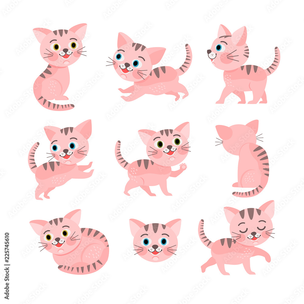 Set of little pink cats, vector illustration
