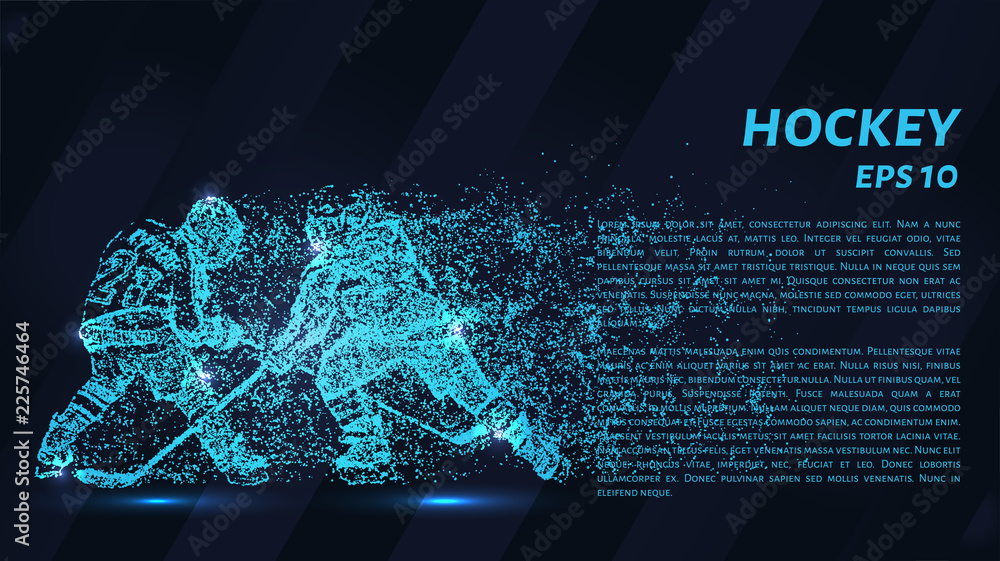 Fototapeta premium A hockey game consists of points. Particles in the form of a hockey player on a dark background. Vector illustration. Graphic concept of hockey.