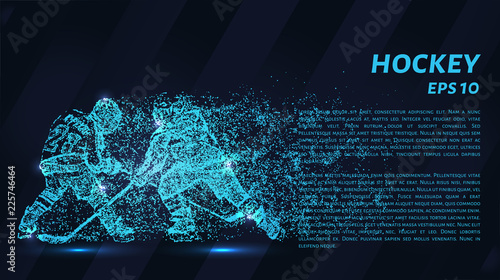 A hockey game consists of points. Particles in the form of a hockey player on a dark background. Vector illustration. Graphic concept of hockey.
