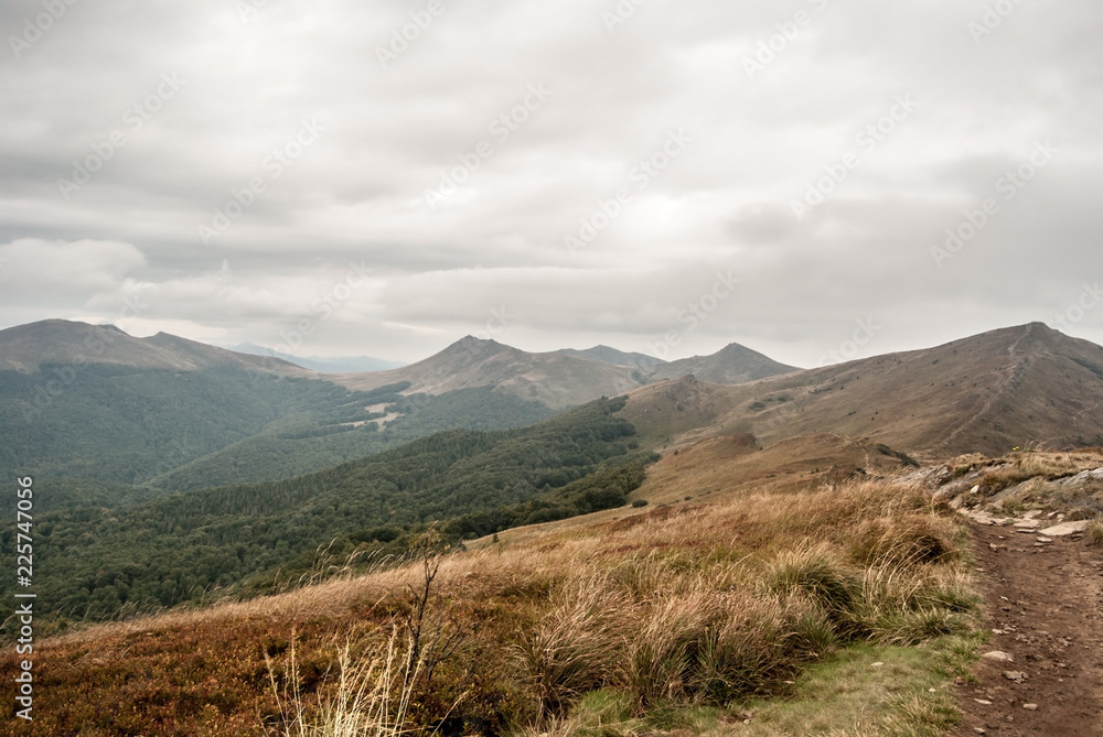 Fototapeta premium view from Rozsypaniec hill in autumn Bieszczady mountains in Poland