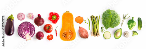 Creative layout made of green peas, cabbage, sweet potato, avocado, tomato, onion, beetroot, pepper, aubergine, artichoke, broccoli and cucumber on the white background.. Flat lay. Food concept.  photo
