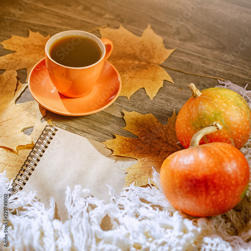 Autumn background with yellow maple leaves, black coffee and pumpkins. Layout for seasonal offers and holiday cards, top view. Golden October. SALE BLACK FRIDAY. Selective focus.