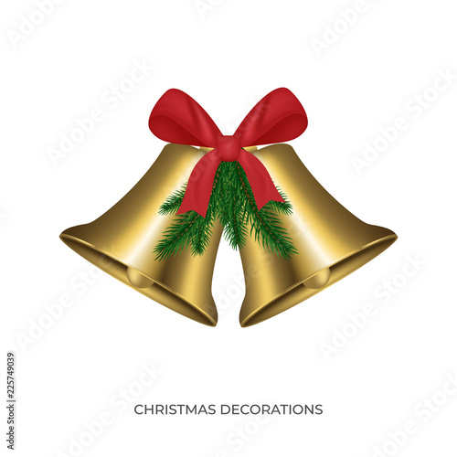 Jingle Bells. Christmas gold bells with red bow and fir tree branches. Xmas decoration