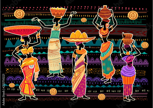 Women in ethnic dress on ornament background