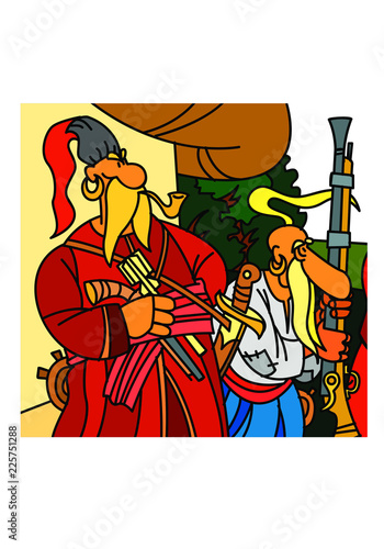 Traditional Ukrainian character. Cossacks with weapons. Vector illustration.