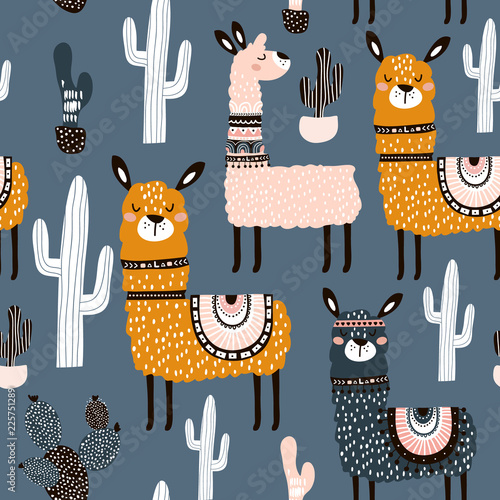Seamless pattern with cute llamas ans cactuses. Creative hand drawn llama childish texture. Great for fabric, textile Vector Illustration