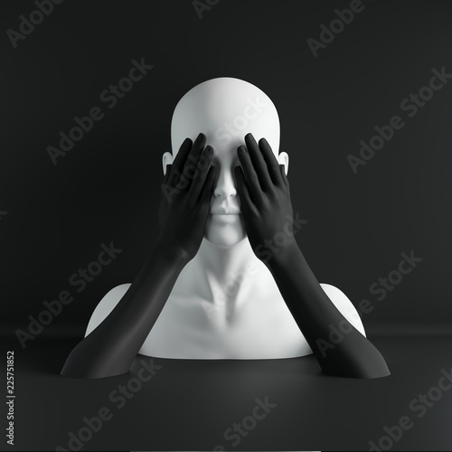 3d render, white female mannequin head, eyes closed by hands, blind concept, fashion concept, isolated object, black background, shop display, body parts, pastel colors