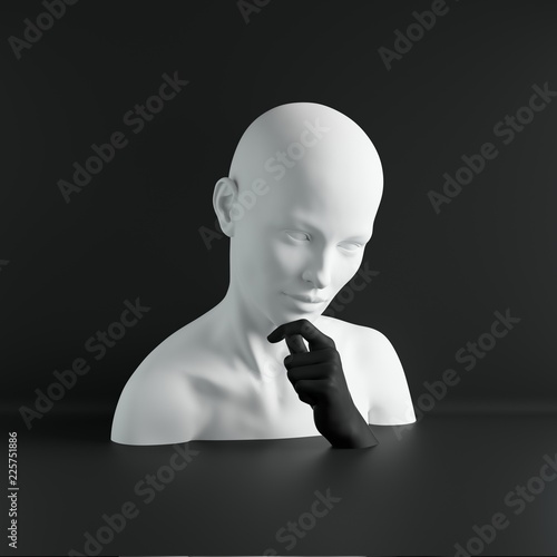 3d render, white female mannequin head, hand, fashion concept, isolated object, black background, shop display, body parts, pastel colors photo